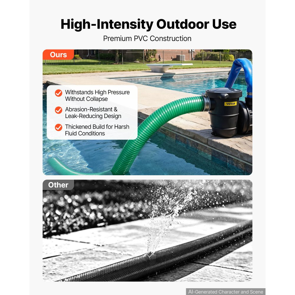VEVOR Suction Hose 3" x 20 ft Heavy Duty PVC Suction Pump Hose Assembly, for Swimming Pool Trash Pump, 60 PSI Max Pressure, Weather & Burst-Resistant, Male x Female Cam and Groove Fittings, Green