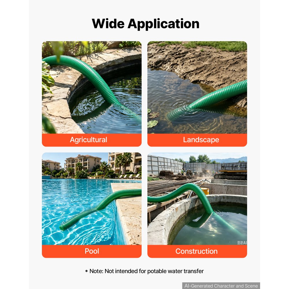 VEVOR Suction Hose 3" x 20 ft Heavy Duty PVC Suction Pump Hose Assembly, for Swimming Pool Trash Pump, 60 PSI Max Pressure, Weather & Burst-Resistant, Male x Female Cam and Groove Fittings, Green