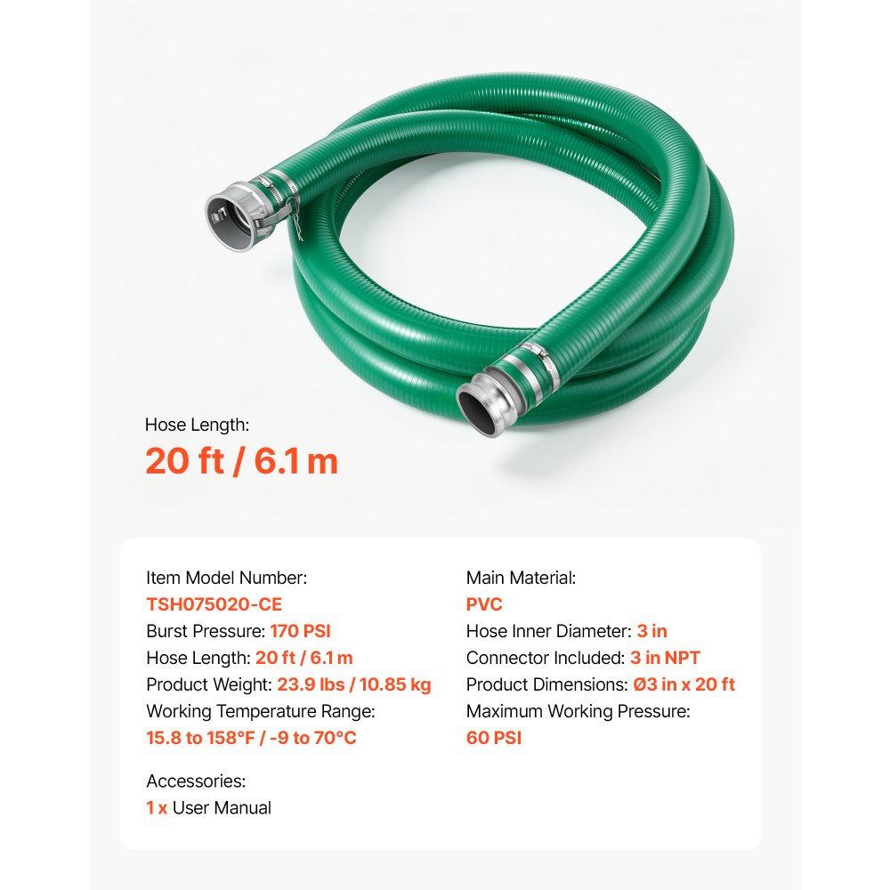 VEVOR Suction Hose 3" x 20 ft Heavy Duty PVC Suction Pump Hose Assembly, for Swimming Pool Trash Pump, 60 PSI Max Pressure, Weather & Burst-Resistant, Male x Female Cam and Groove Fittings, Green