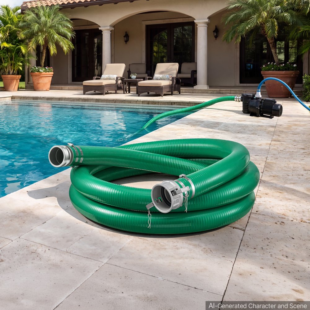 VEVOR Suction Hose 3" x 20 ft Heavy Duty PVC Suction Pump Hose Assembly, for Swimming Pool Trash Pump, 60 PSI Max Pressure, Weather & Burst-Resistant, Male x Female Cam and Groove Fittings, Green