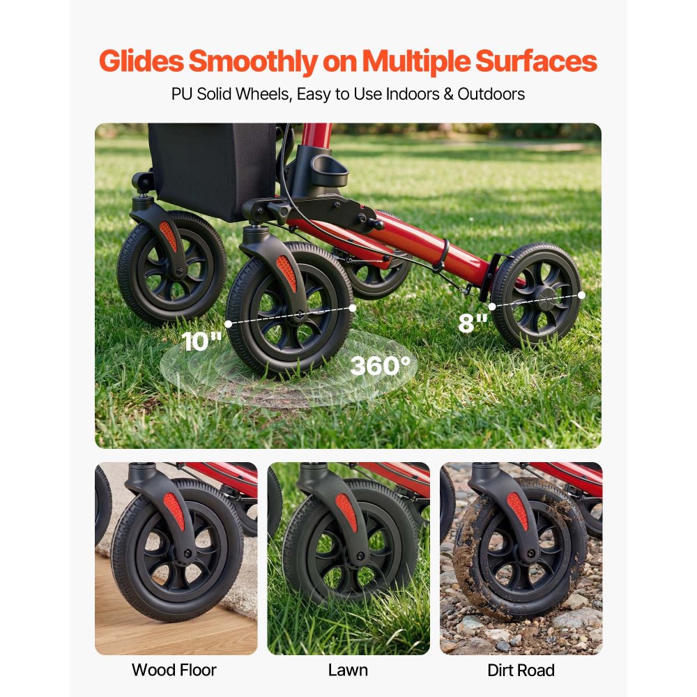 VEVOR Rollator Walker with Seat for Seniors, Ultra Compact 3-Fold Rolling Walker, Lightweight Aluminum Mobility Walking Aid with PU Solid Wheels, Adjustable Handle, Cup & Cane Holder - Supports 300LBS