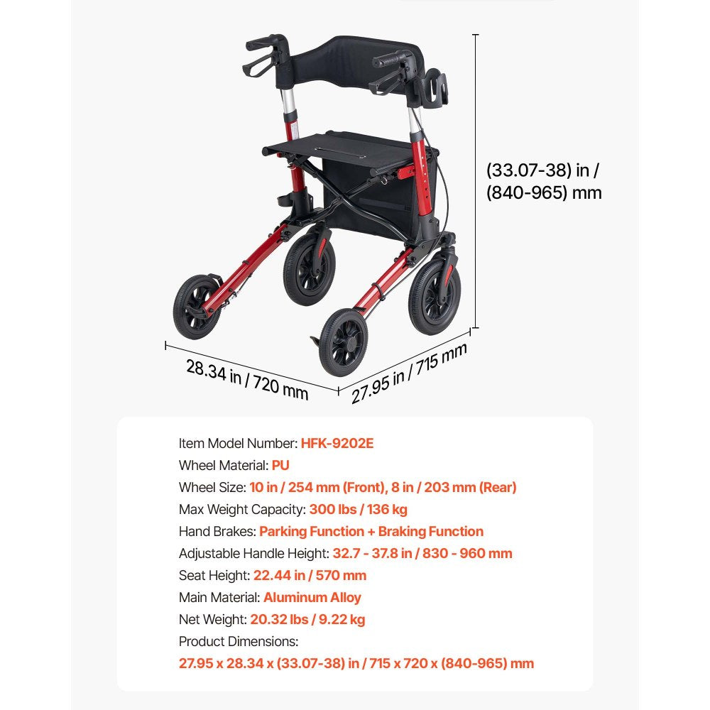 VEVOR Rollator Walker with Seat for Seniors, Ultra Compact 3-Fold Rolling Walker, Lightweight Aluminum Mobility Walking Aid with PU Solid Wheels, Adjustable Handle, Cup & Cane Holder - Supports 300LBS