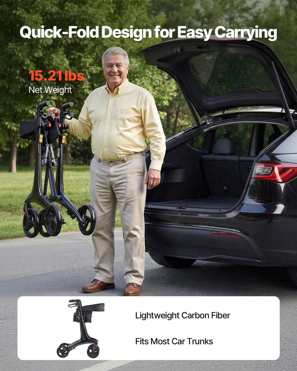 Quick-fold design for easy carrying - lightweight carbon fiber