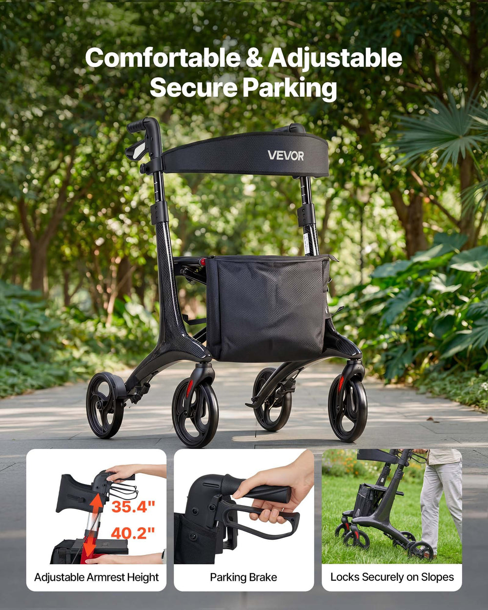 Comfortable and adjustable - secure parking (adjustable armrest height and brake)