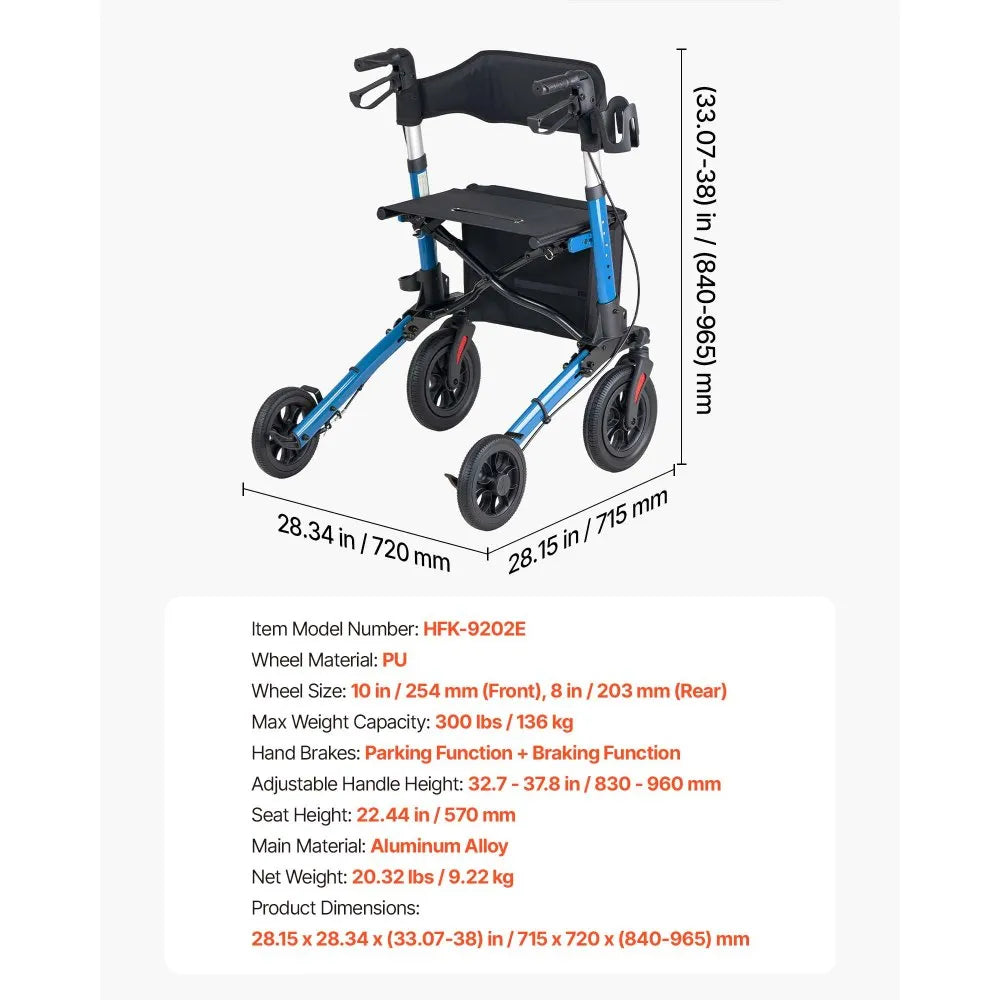 VEVOR Rollator Walker with Seat for Seniors, Ultra Compact 3-Fold Rolling Walker, Lightweight Aluminum Mobility Walking Aid with PU Solid Wheels, Adjustable Handle, Cup & Cane Holder - Supports 300LBS