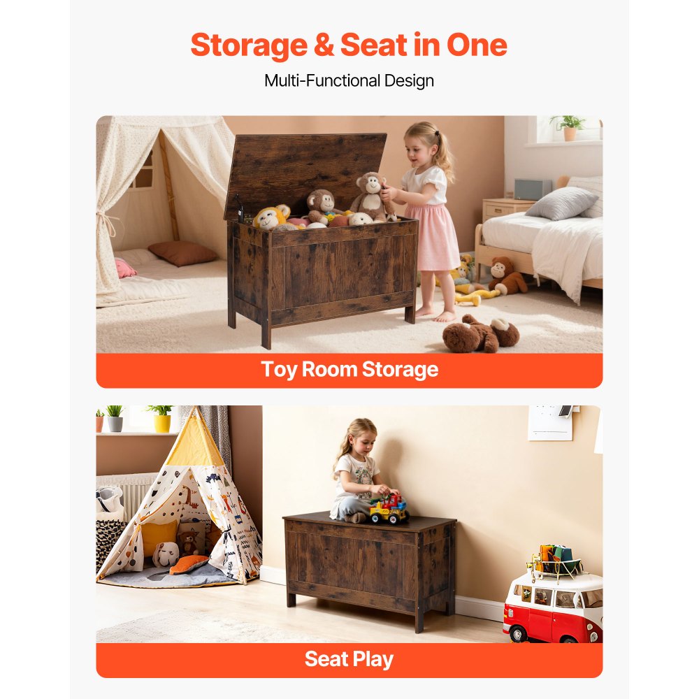 VEVOR Kids Storage Bench, Wooden Toy Box Chest, Large Storage Cabinet with Safety Hinge, Toddlers Retro Storage Bench for Playroom, Living Room or Entryway, 29.7 x 15.3 x 18.9 in, Easy Assembly, Brown