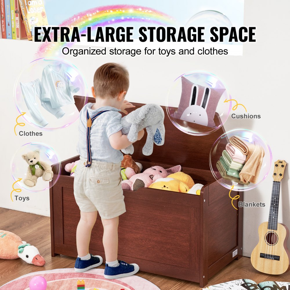 VEVOR Wooden Toy Chest for Kids, Toddler Toy Storage Box with Flip-Top Lid and Safety Hinge, 32.68 x 17.91 x 24.02" Large Kids Storage Bench for Playroom, Bedroom, Living Room or Entryway, Cherry