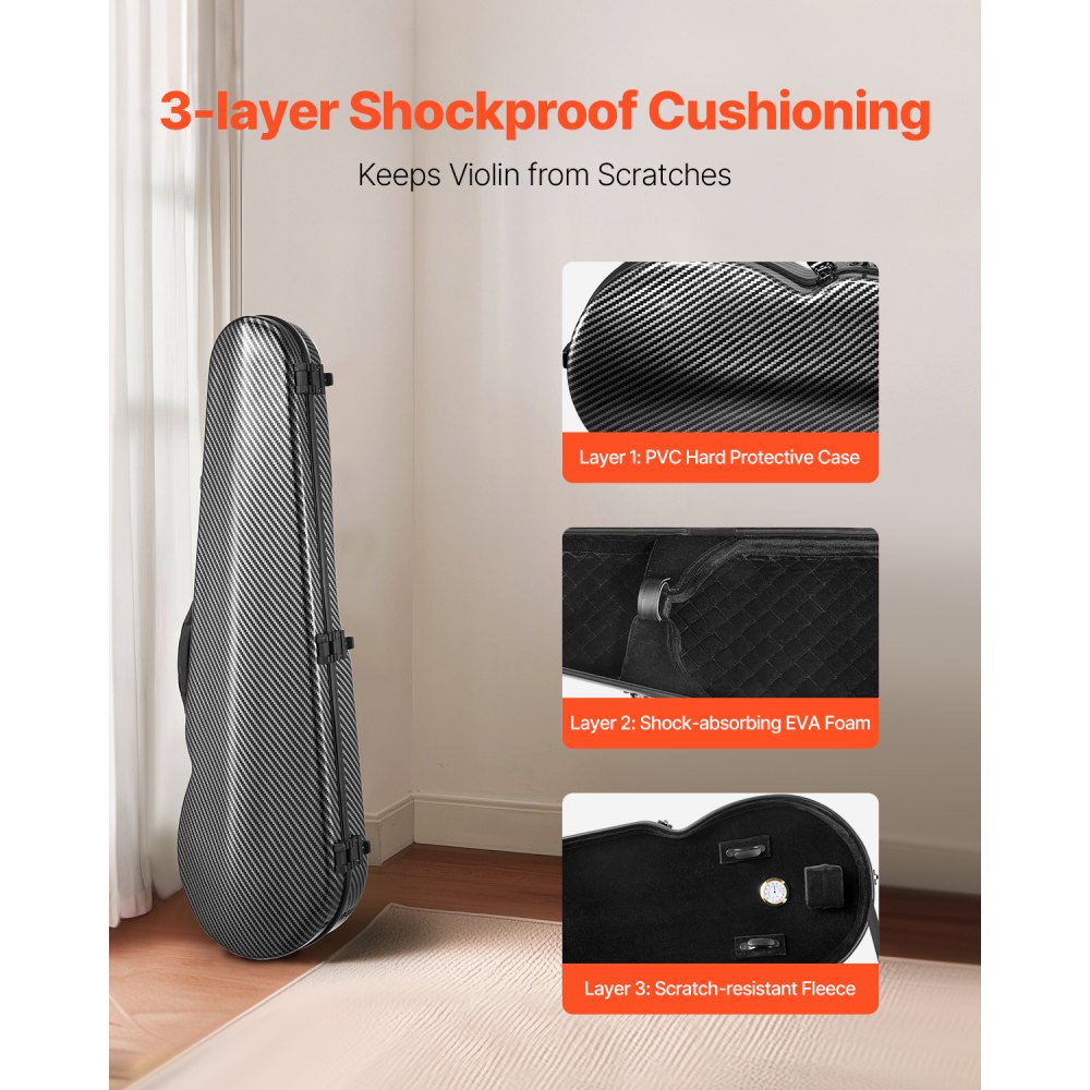 VEVOR 4/4 Full Size Violin Case, Built-in Hygrometer, Lightweight Portable Travel Carrying Bag, with Plush Lining, Dual Shoulder Straps, Anti-Scratch, Professional Triangular Shape, for Violin, Black