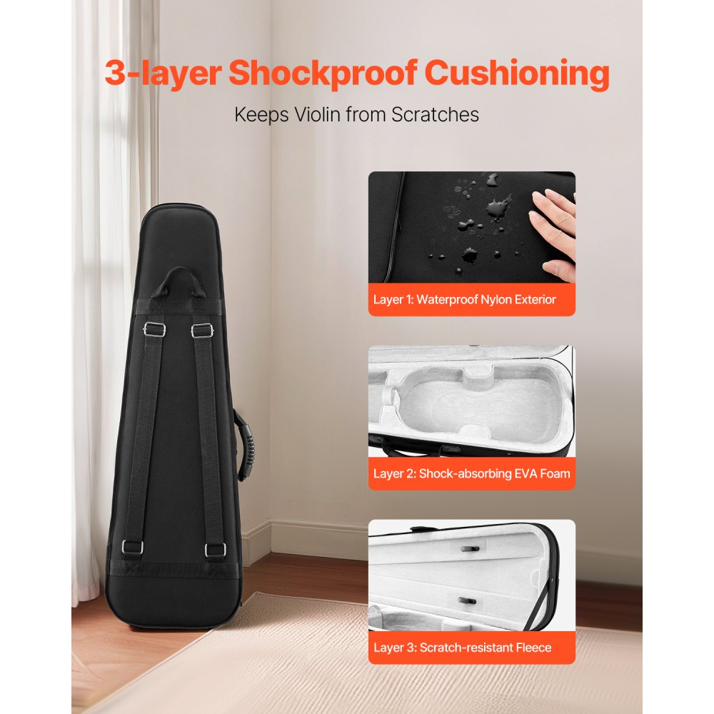 VEVOR 4/4 Full Size Violin Case, Nylon Waterproof, Lightweight Portable Travel Carrying Bag, with Plush Lining, Dual Shoulder Straps, Anti-Scratch, Professional Triangular Shape, for Violin, Black