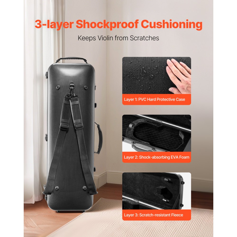 VEVOR 
4/4 Full Size Violin Case, Built-in Hygrometer, Lightweight Portable Travel Carrying Bag, with Plush Lining, Shoulder Straps, Anti-Scratch, Professional Oblong Shape, for Violin, Black