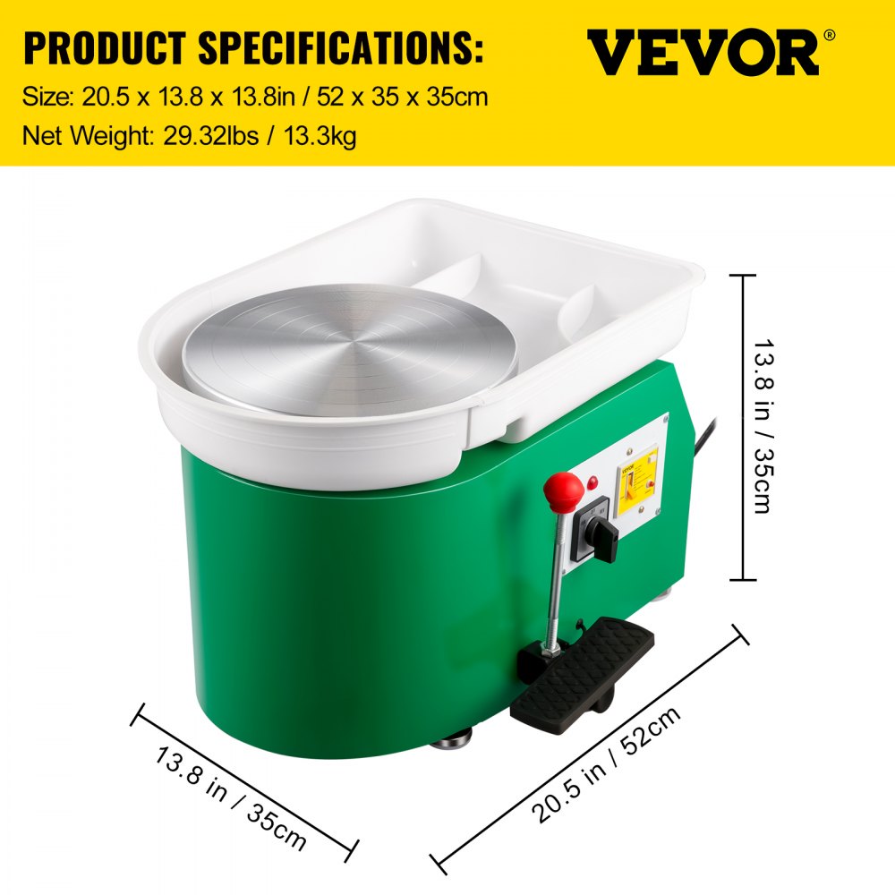 VEVOR Pottery Wheel 28cm Pottery Forming Machine 350W Electric Pottery Wheel with Adjustable Feet Lever Pedal DIY Clay Tool with Tray for Ceramic Work Clay Art DIY Clay Green, 18 Piece