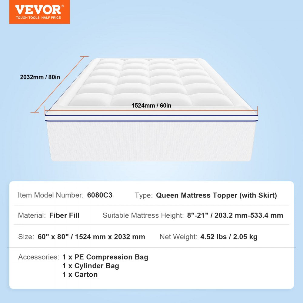 VEVOR Mattress Topper, Queen Size, 1" Thickness, Fiber Fill Pad with Detachable and Washable Layer, Comfortable Supportive, Cooling, Breathable, with Detachable Bedside Pocket for Holding Small Items