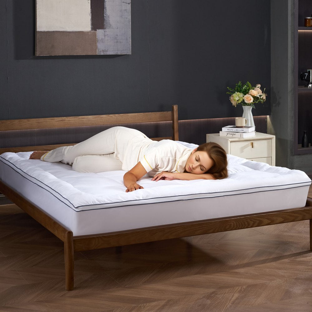 VEVOR Mattress Topper, Queen Size, 1" Thickness, Fiber Fill Pad with Detachable and Washable Layer, Comfortable Supportive, Cooling, Breathable, with Detachable Bedside Pocket for Holding Small Items