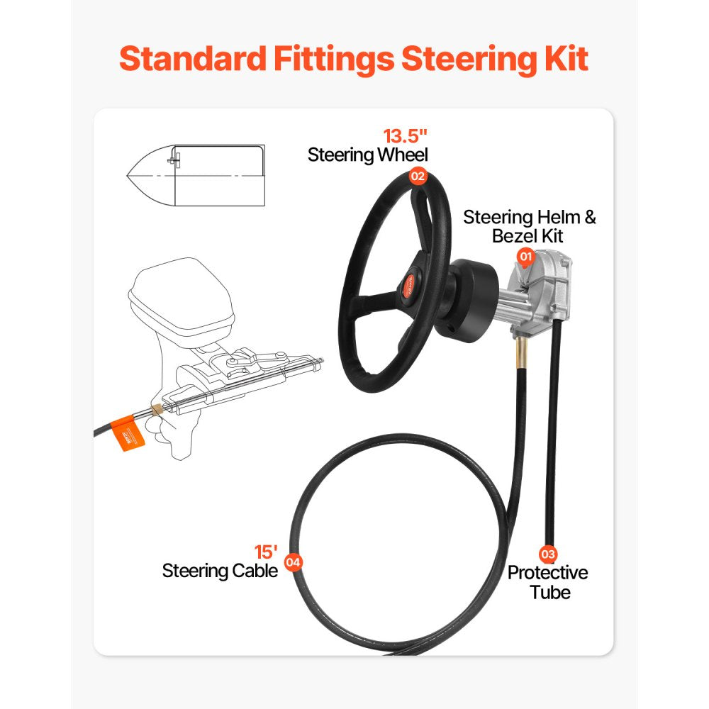VEVOR Outboard Steering System SS13715 Safe-T Quick Connect Rotary Steering System 15' Steering Cable With 13" Wheel Durable Marine Steering System