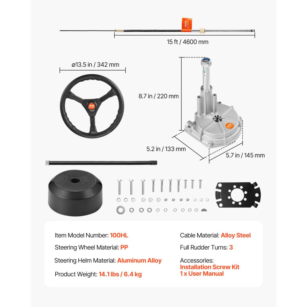 VEVOR Outboard Steering System SS13715 Safe-T Quick Connect Rotary Steering System 15' Steering Cable With 13" Wheel Durable Marine Steering System