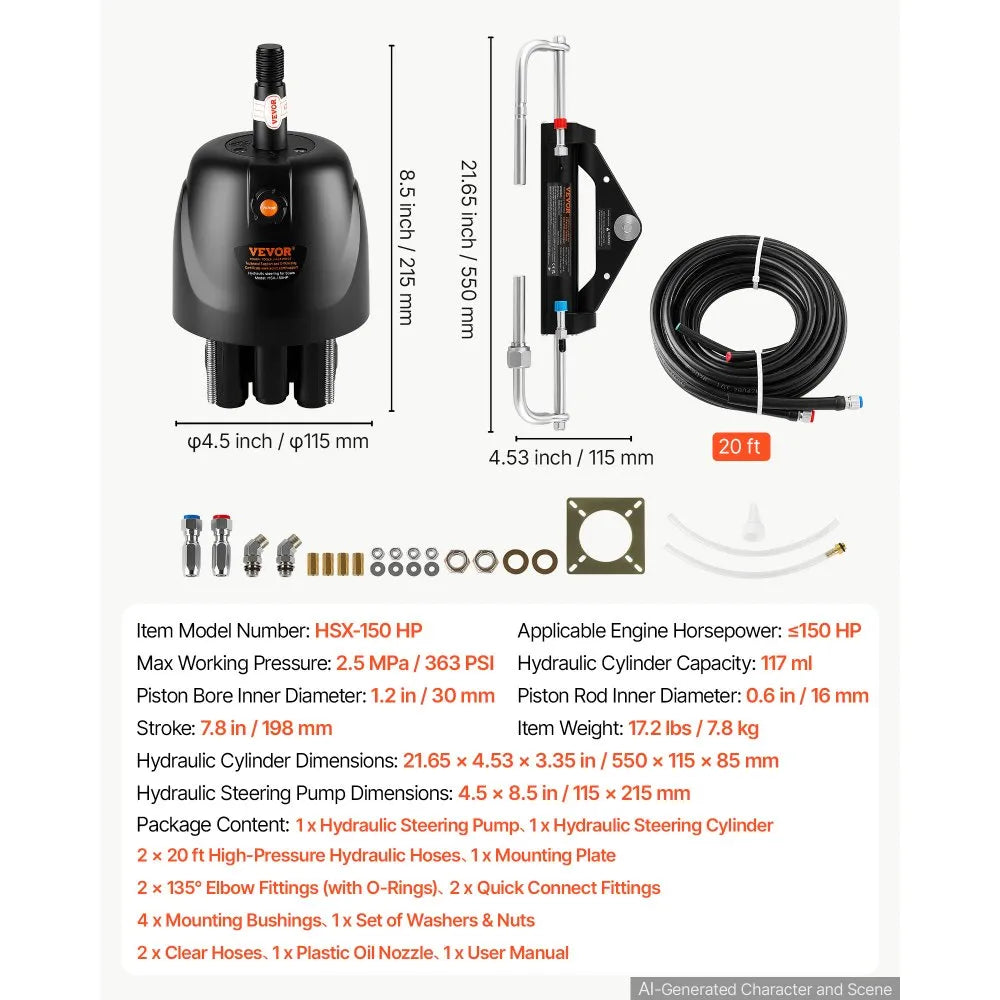 VEVOR Hydraulic Steering Kit 150HP Hydraulic Outboard Steering System 20 ft, Marine Boat Steering System, 2.5 MPa Helm Pump, Two-Way Lock Cylinder, 20 Feet High-Strength Hoses, for Single-Engine Use