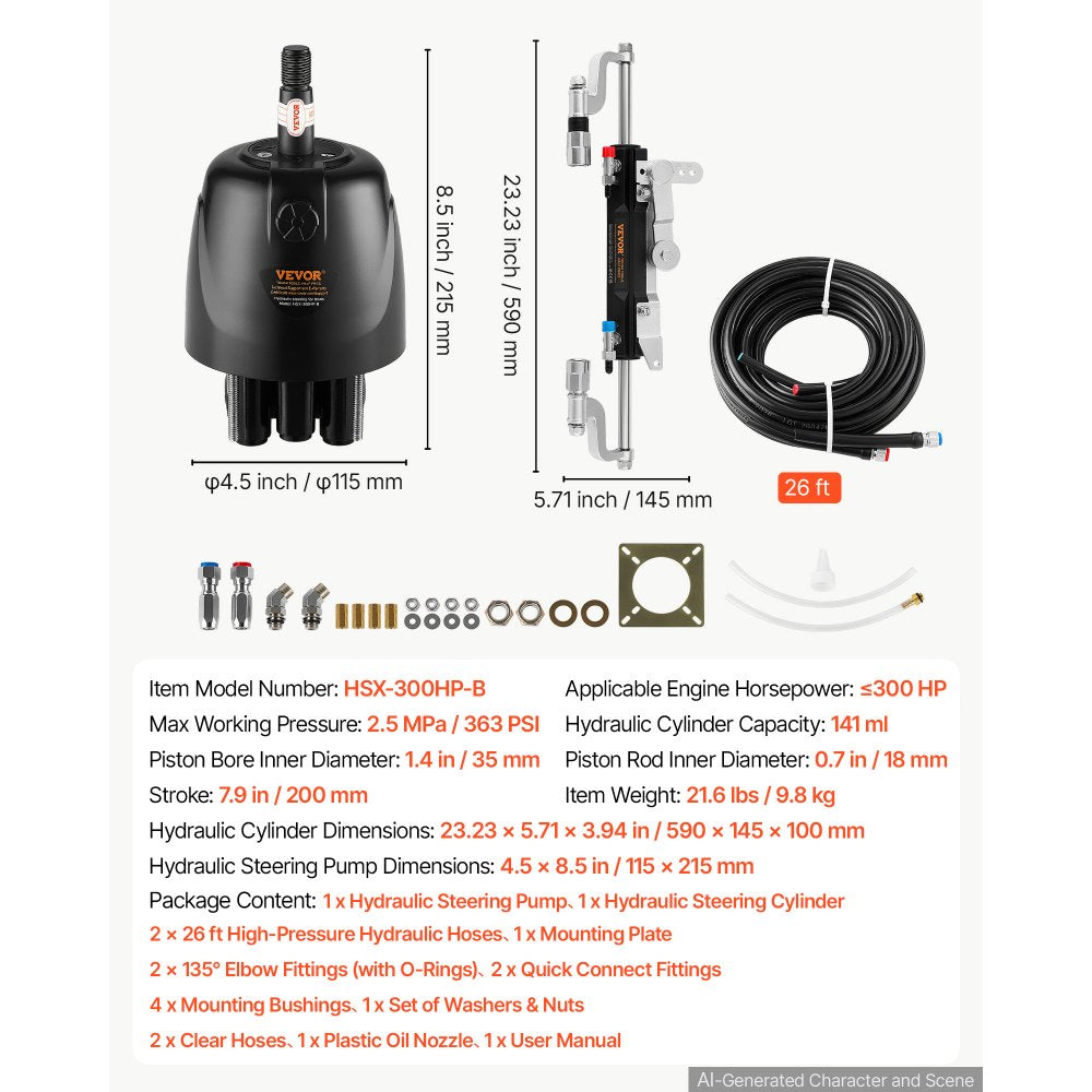 VEVOR Hydraulic Steering Kit 300HP Hydraulic Outboard Steering System 26 ft, Marine Boat Steering System, 2.5 MPa Helm Pump, Two-Way Lock Cylinder, 26 Feet High-Strength Hoses, for Single-Engine Use