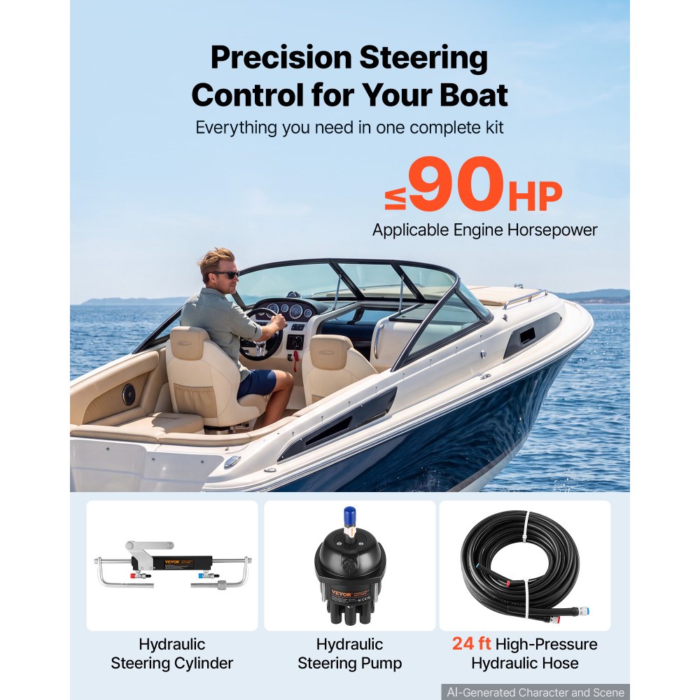 VEVOR Hydraulic Steering Kit 90HP Hydraulic Outboard Steering System 24 ft, Marine Boat Steering System, 2.5 MPa Helm Pump, Two-Way Lock Cylinder, 24 Feet High-Strength Hoses, for Single-Engine Use