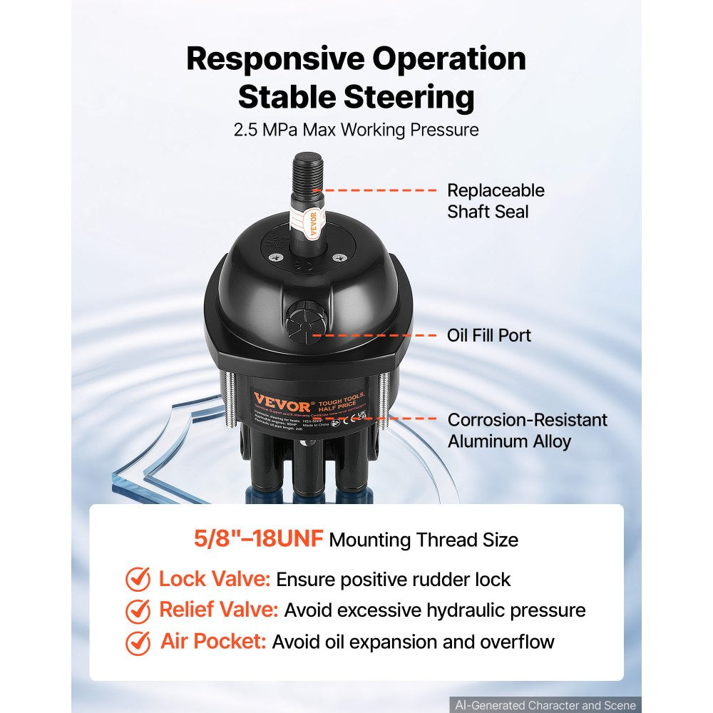 VEVOR Hydraulic Steering Kit 90HP Hydraulic Outboard Steering System 24 ft, Marine Boat Steering System, 2.5 MPa Helm Pump, Two-Way Lock Cylinder, 24 Feet High-Strength Hoses, for Single-Engine Use