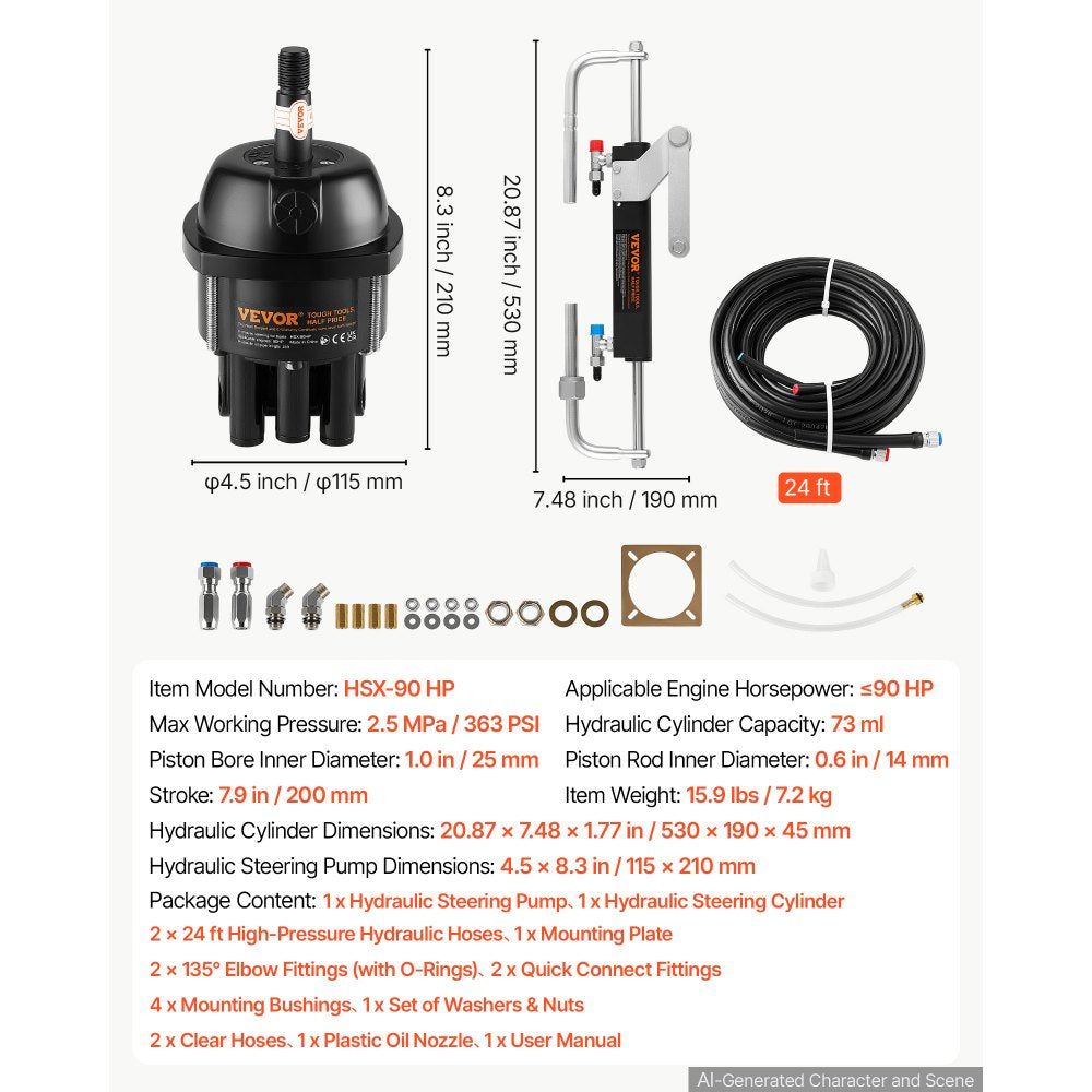 VEVOR Hydraulic Steering Kit 90HP Hydraulic Outboard Steering System 24 ft, Marine Boat Steering System, 2.5 MPa Helm Pump, Two-Way Lock Cylinder, 24 Feet High-Strength Hoses, for Single-Engine Use