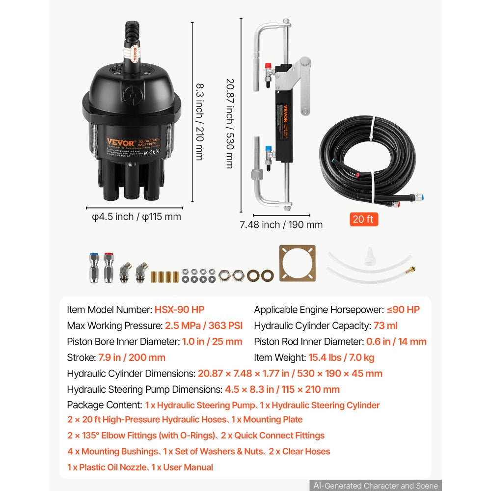VEVOR Hydraulic Steering Kit 90HP Hydraulic Outboard Steering System 20 ft, Marine Boat Steering System, 2.5 MPa Helm Pump, Two-Way Lock Cylinder, 20 Feet High-Strength Hoses, for Single-Engine Use
