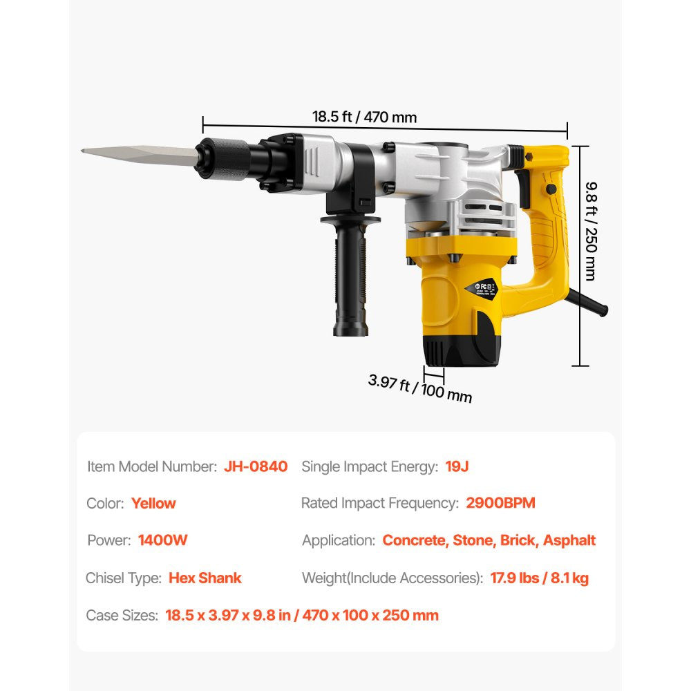 VEVOR Demolition Jack Hammer, 1400W Electric Jackhammer Heavy Duty, 2900 BPM Jack Hammer Concrete Breaker, with 1 Point Chisel, 1 Flat Chisel, Storage Case, Gloves and Goggles, for Demolition