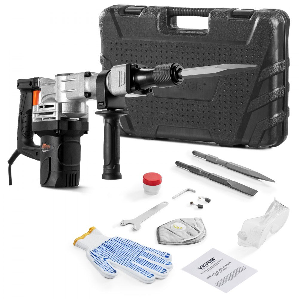 VEVOR Demolition Jack Hammer, 1400W Electric Jackhammer Heavy Duty, 2pcs Chisels Bits Chipping with Case, 2900 BPM Concrete Breaker, Gloves Black