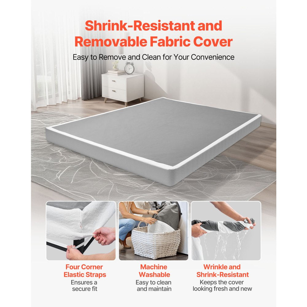 VEVOR Box Spring, Queen Size Bed Frame with Washable Fabric Cloth, Heavy Duty Metal Frame for Queen Bed, 4 in Mattress Foundation, 3500 lbs Max Weight Capacity, Easy Assembly, 79.1 L x 59.4 W x 4 H in
