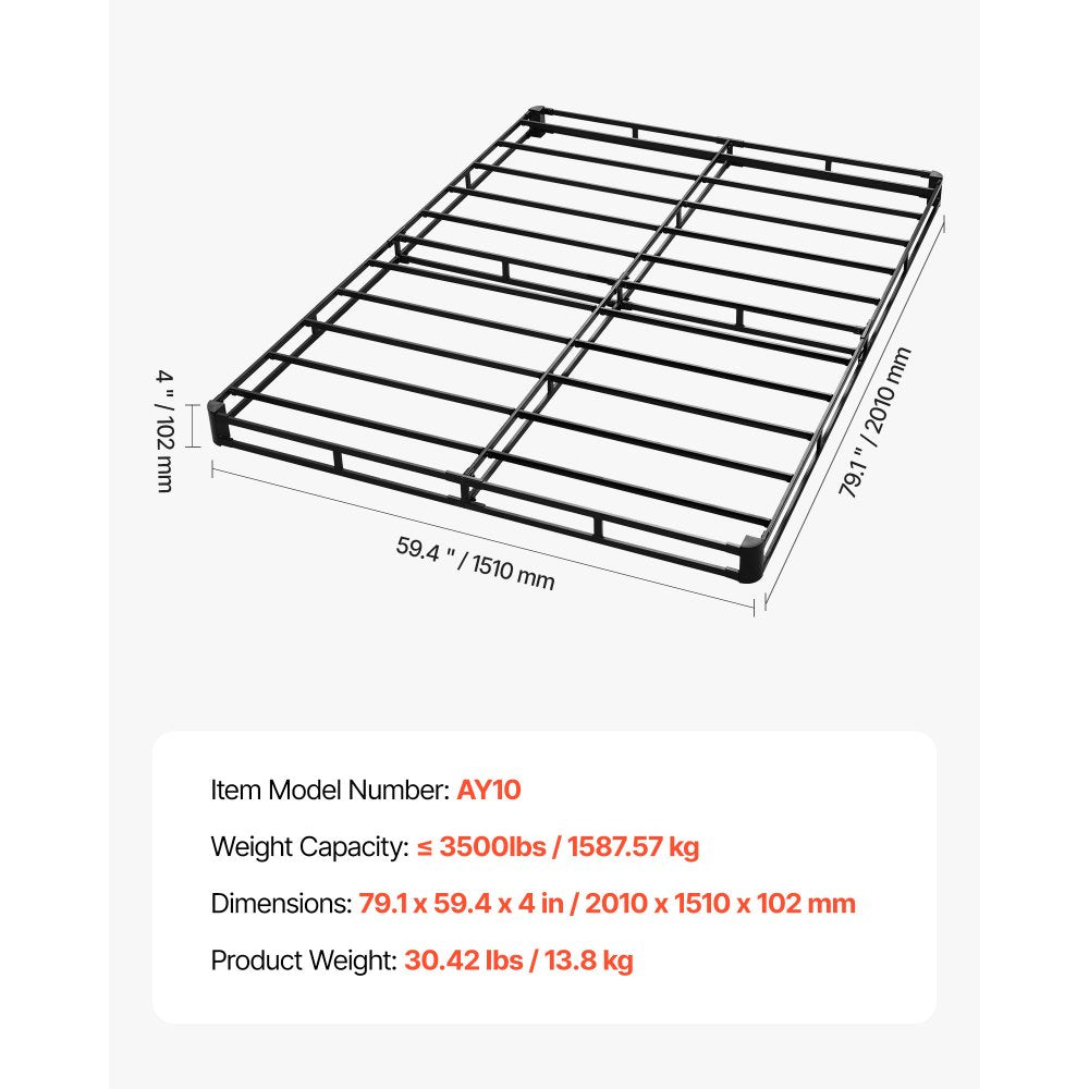VEVOR Box Spring, Queen Size Bed Frame with Washable Fabric Cloth, Heavy Duty Metal Frame for Queen Bed, 4 in Mattress Foundation, 3500 lbs Max Weight Capacity, Easy Assembly, 79.1 L x 59.4 W x 4 H in