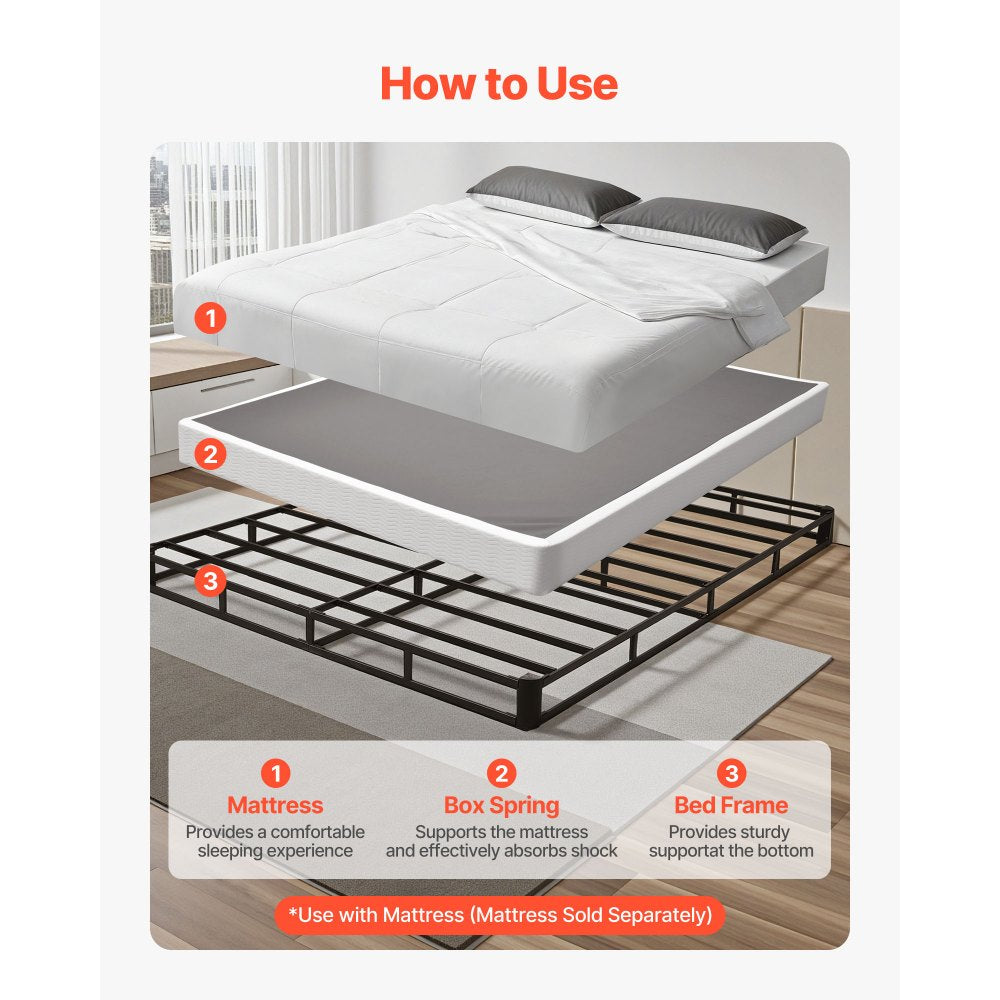 VEVOR Box Spring, Queen Size Bed Frame with Washable Fabric Cloth, Heavy Duty Metal Frame for Queen Bed, 5.1 in Mattress Foundation, 3500 lbs Max Weight Capacity, Easy Assembly, 79.1 x 59.6 x 5.1 in