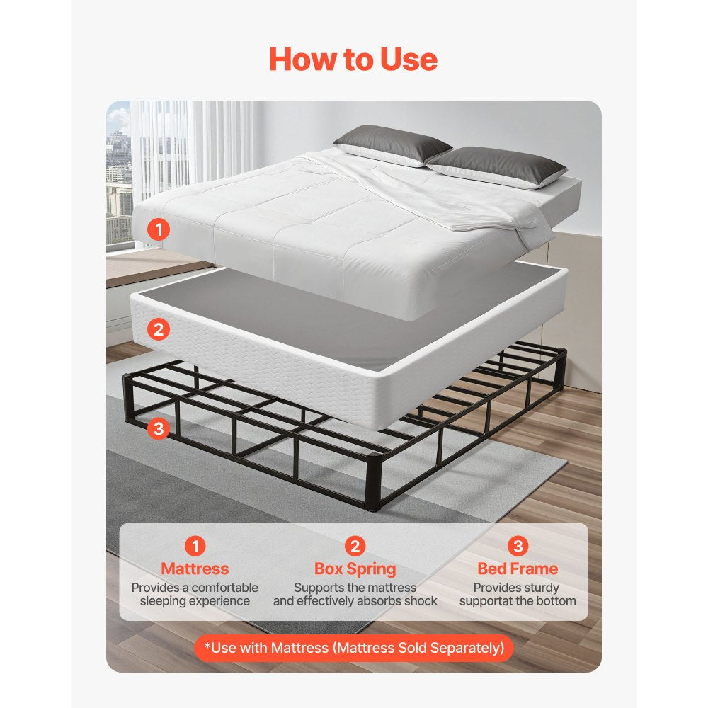 VEVOR Box Spring, Queen Size Bed Frame with Washable Fabric Cloth, Heavy Duty Metal Frame for Queen Bed, 9.1 in Mattress Foundation, 3500 lbs Max Weight Capacity, Easy Assembly, 79.1 x 59.6 x 9.1 in