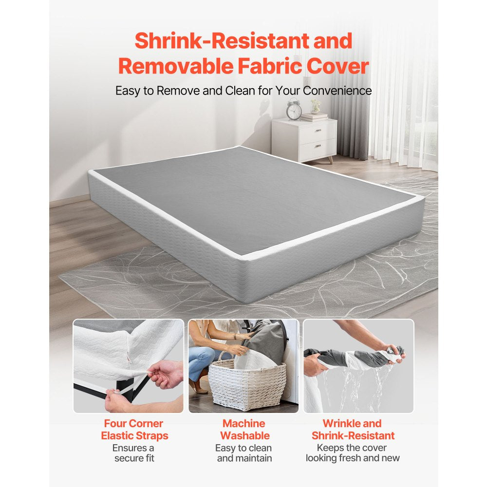 VEVOR Box Spring, Queen Size Bed Frame with Washable Fabric Cloth, Heavy Duty Metal Frame for Queen Bed, 9.1 in Mattress Foundation, 3500 lbs Max Weight Capacity, Easy Assembly, 79.1 x 59.6 x 9.1 in