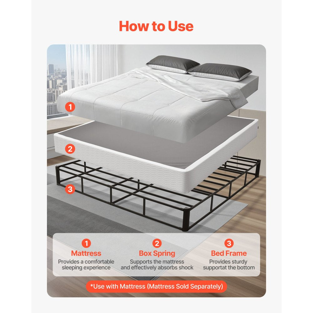 VEVOR Box Spring, King Size Bed Frame with Washable Fabric Cloth, Heavy Duty Metal Frame for King Bed, 9.1 in Mattress Foundation, 3500 lbs Max Weight Capacity, Easy Assembly, 79.1 x 75.8 x 9.1 in