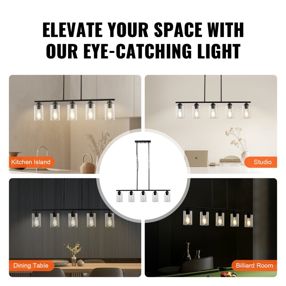 VEVOR 5-Light Kitchen Island Pendant Lights, 60W, Adjustable Dining Room Light Fixture with Clear Glass Lampshade 4 Rods 2 Metal Chains, Metal Frame Farmhouse Linear Chandeliers for Dining Room, E26