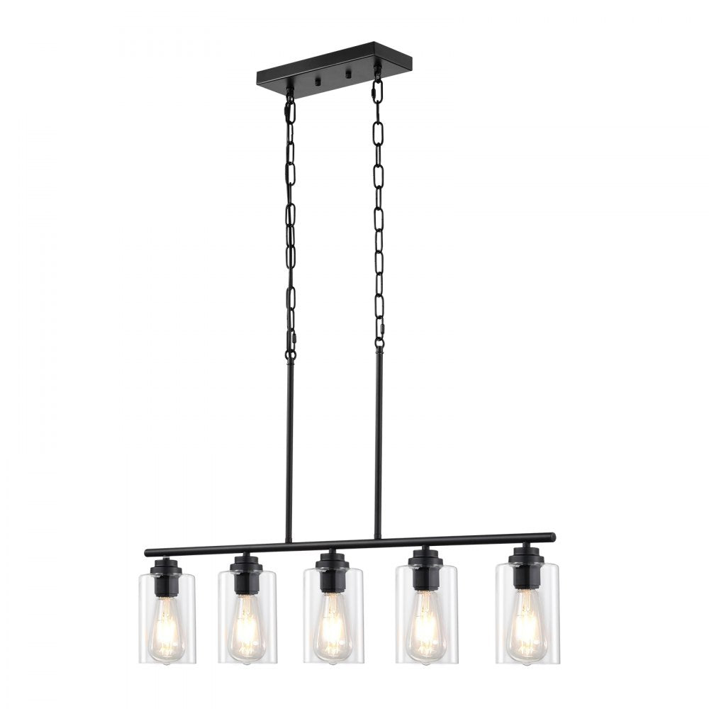 VEVOR 5-Light Kitchen Island Pendant Lights, 60W, Adjustable Dining Room Light Fixture with Clear Glass Lampshade 4 Rods 2 Metal Chains, Metal Frame Farmhouse Linear Chandeliers for Dining Room, E26