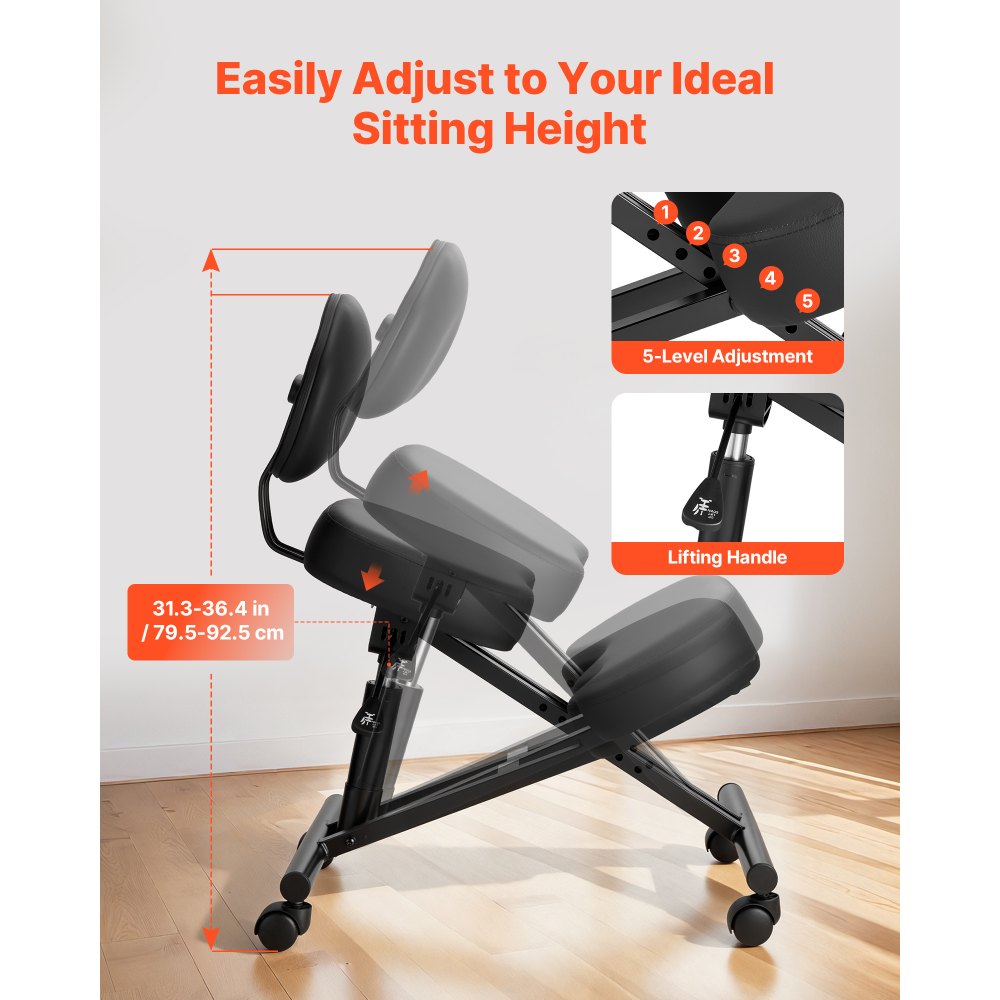 VEVOR Ergonomic Kneeling Chair with Backrest & Wheels, Mobile X-Shaped Posture Knee Chair with Adjustable Height & Thick Foam Cushions, Relief for Neck or Back Pain for Home, Office, Meditation, Black