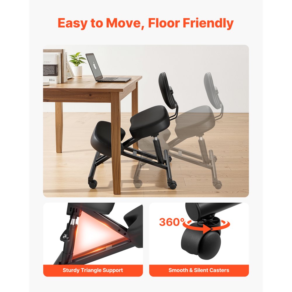 VEVOR Ergonomic Kneeling Chair with Backrest & Wheels, Mobile X-Shaped Posture Knee Chair with Adjustable Height & Thick Foam Cushions, Relief for Neck or Back Pain for Home, Office, Meditation, Black