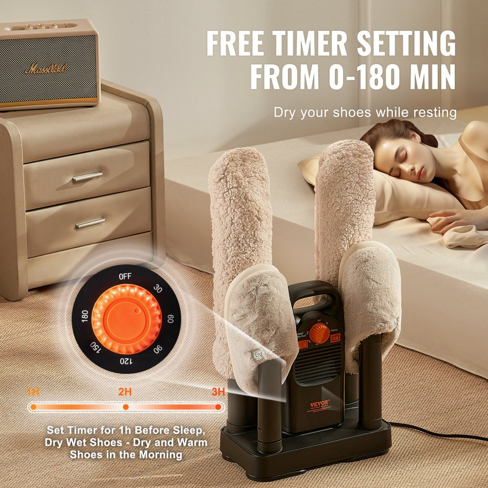 VEVOR Shoe Dryer with Timer, Detachable 4 Tubes Boot Dryers with V0-Rated Fire-Retardant Materials, Quick Drying for Work Boots, Sneakers, Gloves, Helmets, Black & Orange