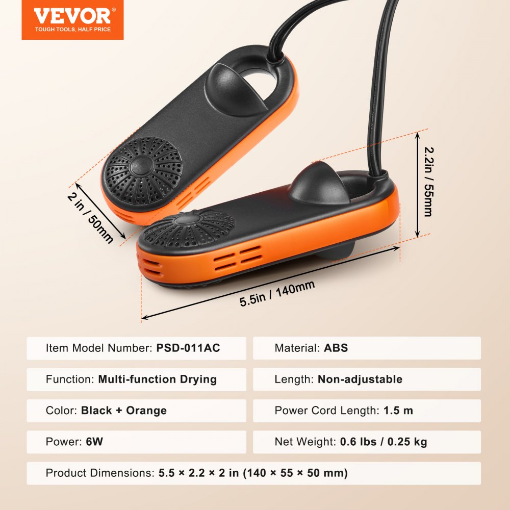 VEVOR Portable Shoe Dryer, Electric Boot Dryer, Deodorized Boot Warmers/Dryer with Quick & Even Drying for Cotton Slippers, Snow Boots, Leather Shoes, Canvas Shoes, Socks, Black & Orange
