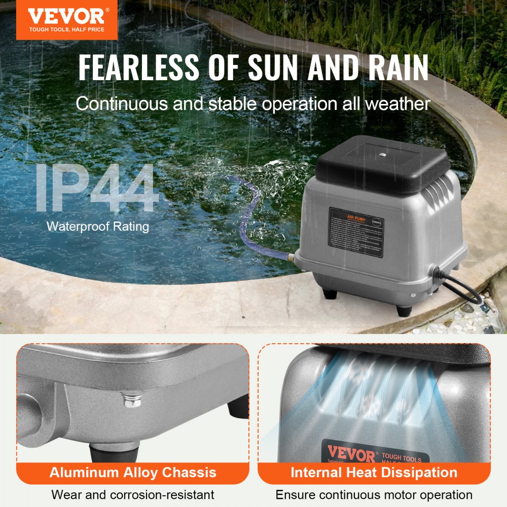 VEVOR Linear Air Pump, 90L/Min Air Flow Septic Aerator Pump, Aeration System for 1/4 Acre 10 FT Deep Ponds, Water Gardens, Waste Treatment, Septic Tanks, Aquariums, Seafood Restaurants, Fish Farms