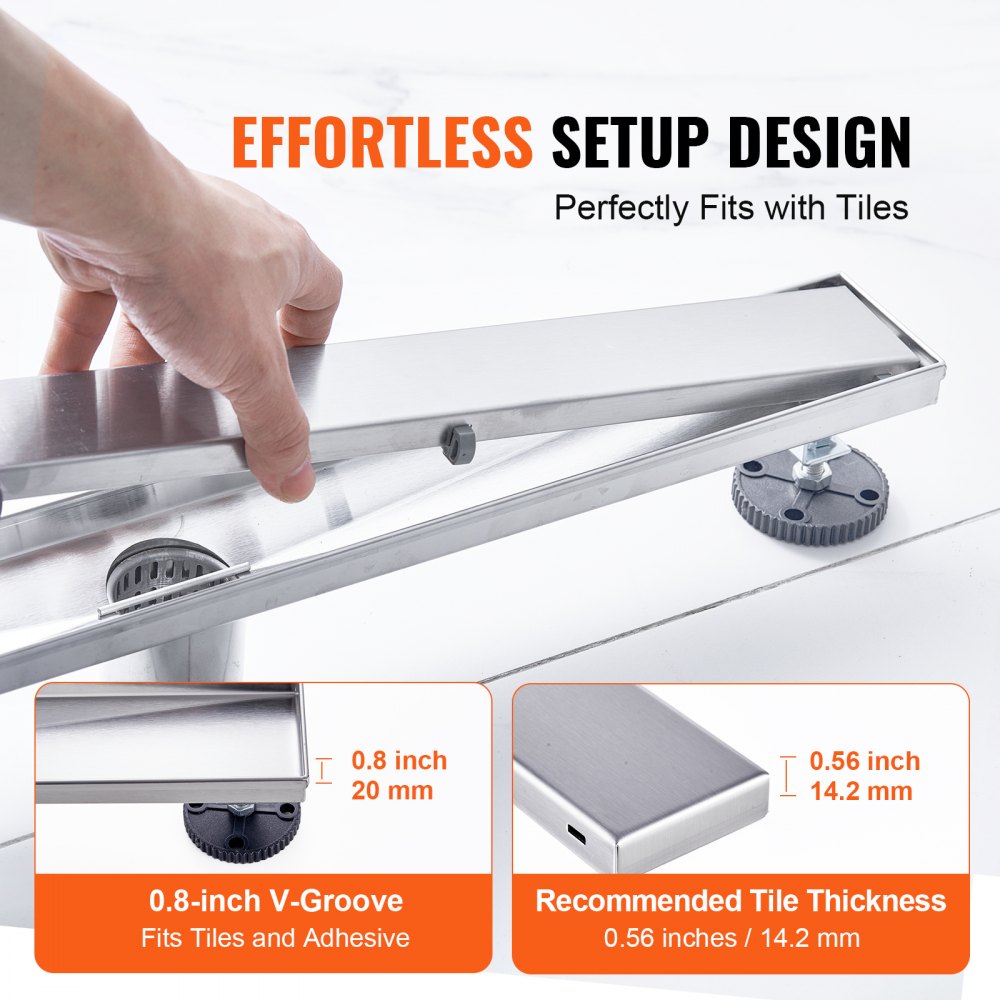 VEVOR 36Inch Linear Shower Drain Offset with Tile Insert Cover,Brushed 304 Stainless Steel Rectangle Shower Floor Drain,Linear Drain with Leveling Feet,Hair Strainer Silver