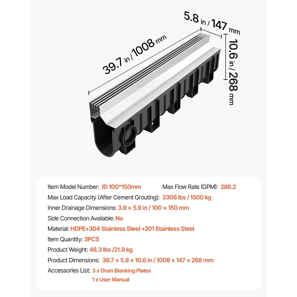 VEVOR Trench Drain, 39.7 x 5.8 x 7.4 in, 3 Pack Linear Drainage Channel with Stainless Steel Grate, HDPE Channel Drain, Outdoor Drainage System for Driveway, Patio, Pool, Garden, Black & Silver