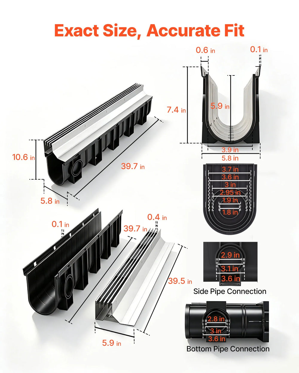 VEVOR Trench Drain, 39.7 x 5.8 x 7.4 in, 3 Pack Linear Drainage Channel with Stainless Steel Grate, HDPE Channel Drain, Outdoor Drainage System for Driveway, Patio, Pool, Garden, Black & Silver