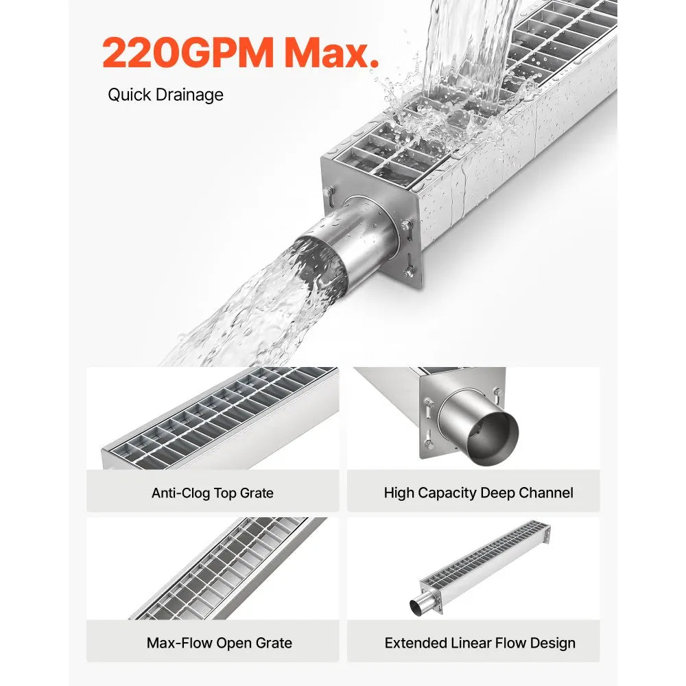 VEVOR Trench Drain, 43.3 x 5.8 x 5.5 in, Linear Drainage Channel with Carbon Steel Grate, 304 Stainless Steel Channel Drain, Premium Outdoor Drainage System for Driveway, Patio, Pool, Garden, Silver