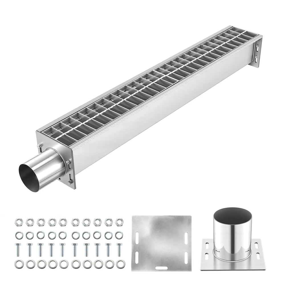 VEVOR Trench Drain, 43.3 x 5.8 x 5.5 in, Linear Drainage Channel with Carbon Steel Grate, 304 Stainless Steel Channel Drain, Premium Outdoor Drainage System for Driveway, Patio, Pool, Garden, Silver
