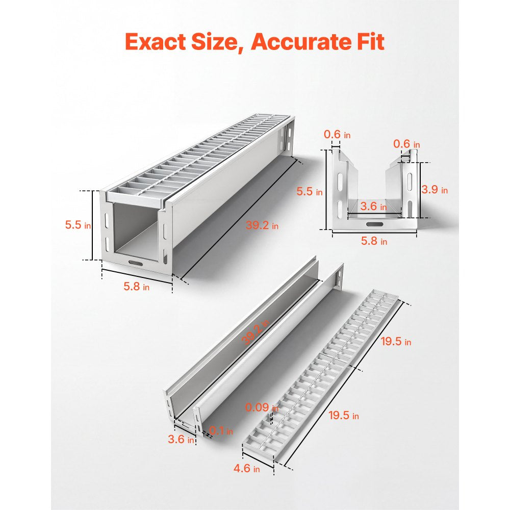 VEVOR Trench Drain, 39.3 x 5.8 x 5.5 in, Linear Drainage Channel with Galvanized Steel Grate, 304 Stainless Steel Channel Drain, Outdoor Drainage System for Driveway, Patio, Pool, Garden, Silver