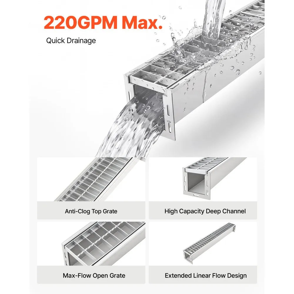 VEVOR Trench Drain, 39.3 x 5.8 x 5.5 in, Linear Drainage Channel with Galvanized Steel Grate, 304 Stainless Steel Channel Drain, Outdoor Drainage System for Driveway, Patio, Pool, Garden, Silver