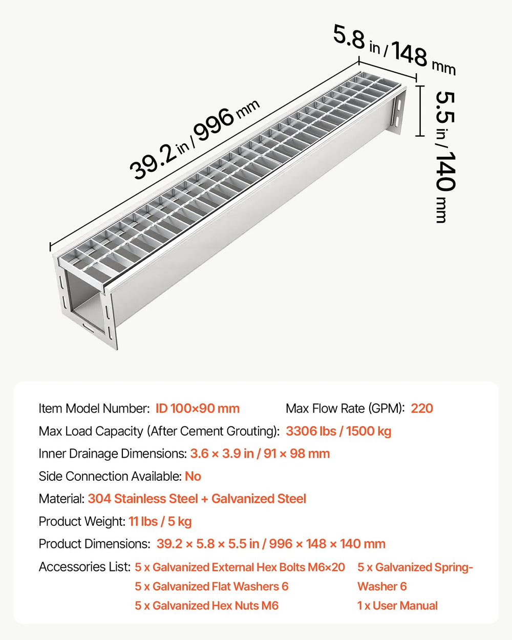 VEVOR Trench Drain, 39.3 x 5.8 x 5.5 in, Linear Drainage Channel with Galvanized Steel Grate, 304 Stainless Steel Channel Drain, Outdoor Drainage System for Driveway, Patio, Pool, Garden, Silver