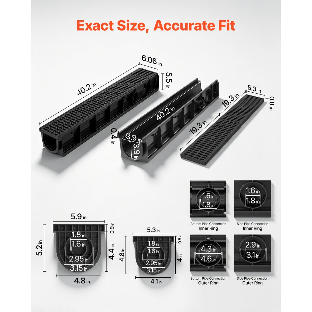 VEVOR Trench Drain, 40.2 x 6.6 x 5.5 in, 3 Pack Linear Drainage Channel, HDPE Channel Drain with Grates & End Caps, Premium Outdoor Drainage System for Driveway, Patio, Pool, Garden, Yard, Black
