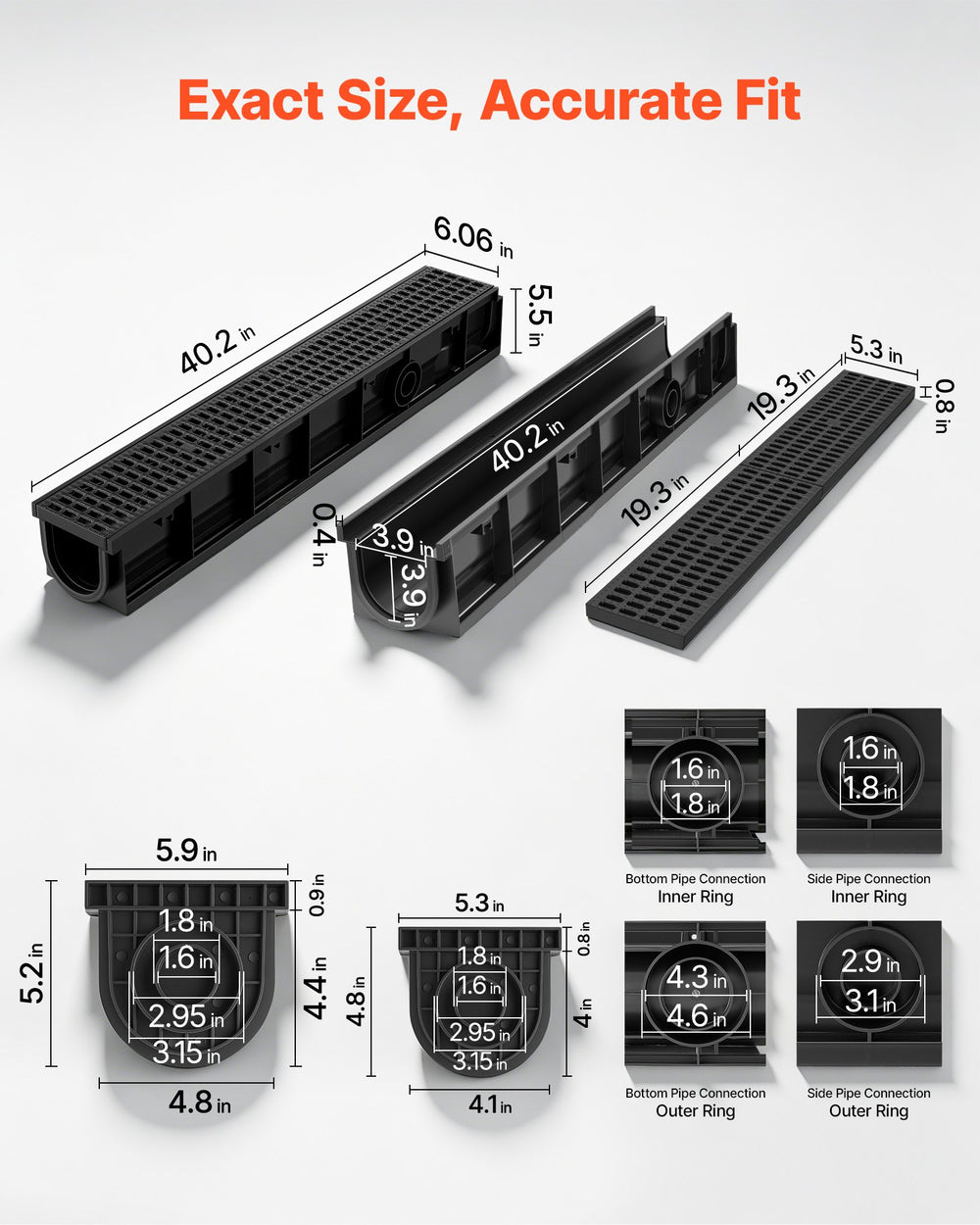 VEVOR Trench Drain, 40.2 x 6.6 x 5.5 in, 3 Pack Linear Drainage Channel, HDPE Channel Drain with Grates & End Caps, Premium Outdoor Drainage System for Driveway, Patio, Pool, Garden, Yard, Black